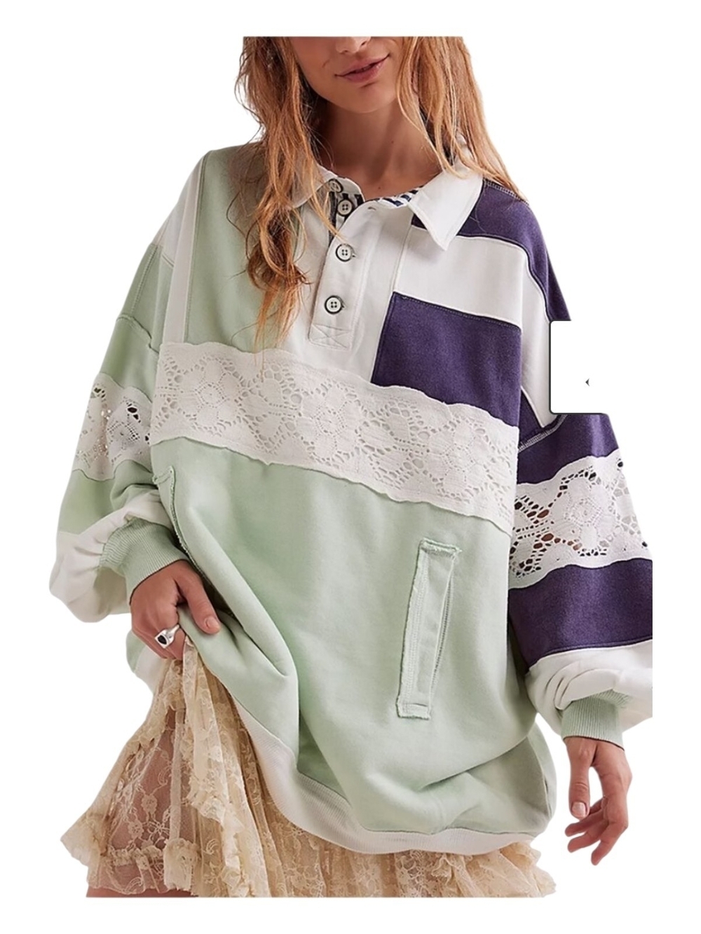 We The Free Lace-Trim Oversized Rugby Pullover in Mint, White & Purple